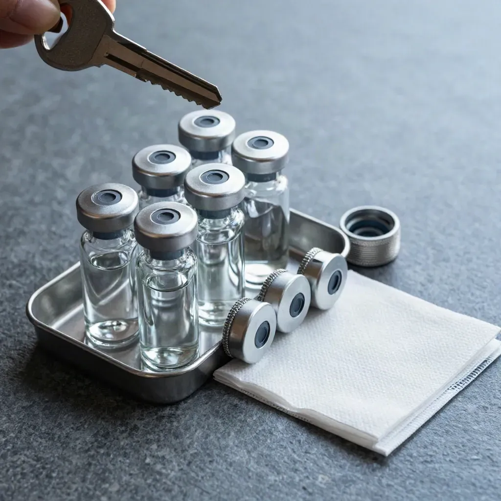 Top-down pharmaceutical still life with ampoules, cap tray, and crimping head on stone.