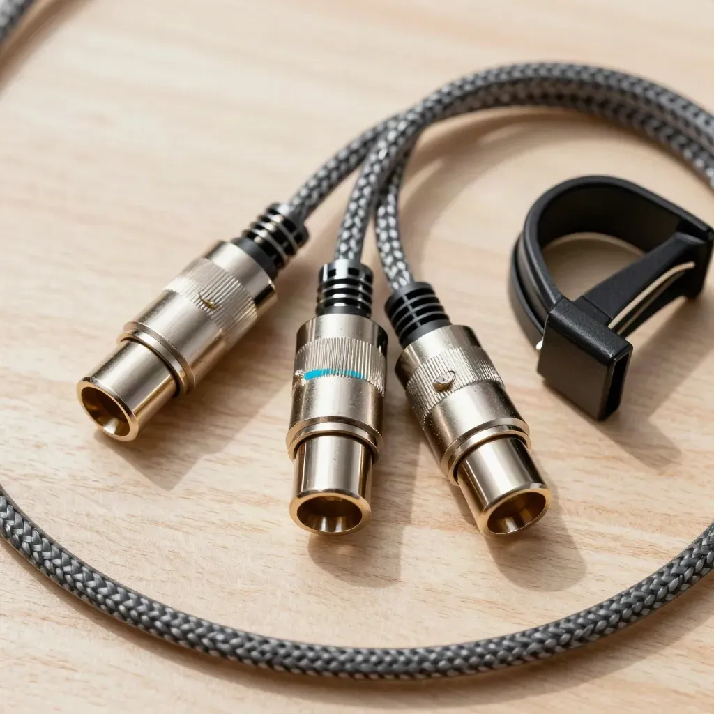 XLR connectors, braided cable and clamp arranged on pale wood in a top-down flat lay.