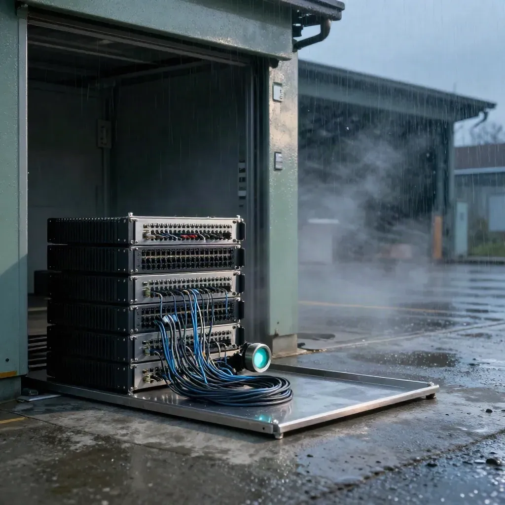 Rack-switch, fiber panel and beacon on wet steel tray in a rain-lit bay
