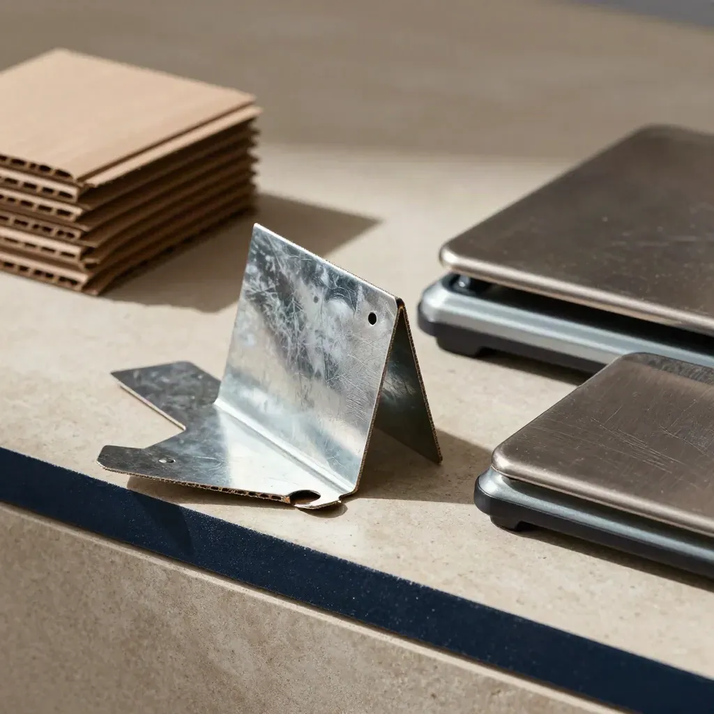 Galvanized box cutter, packing wedge, corner protectors and steel parcel weight on pale stone.