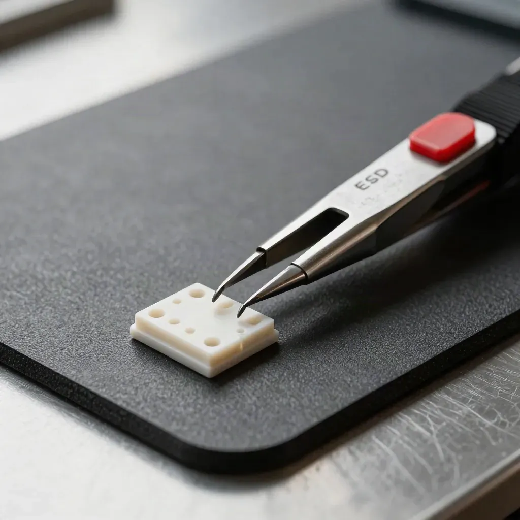 Macro of anti-static tweezers, ceramic chip carrier, and ESD clasp on a dark bench mat.