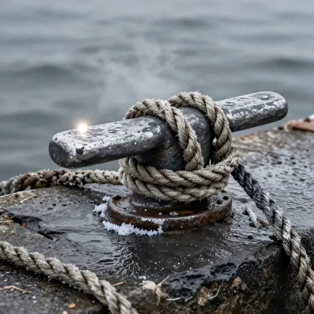 Galvanized shackle and dock cleat cinching a wet mooring rope on stone