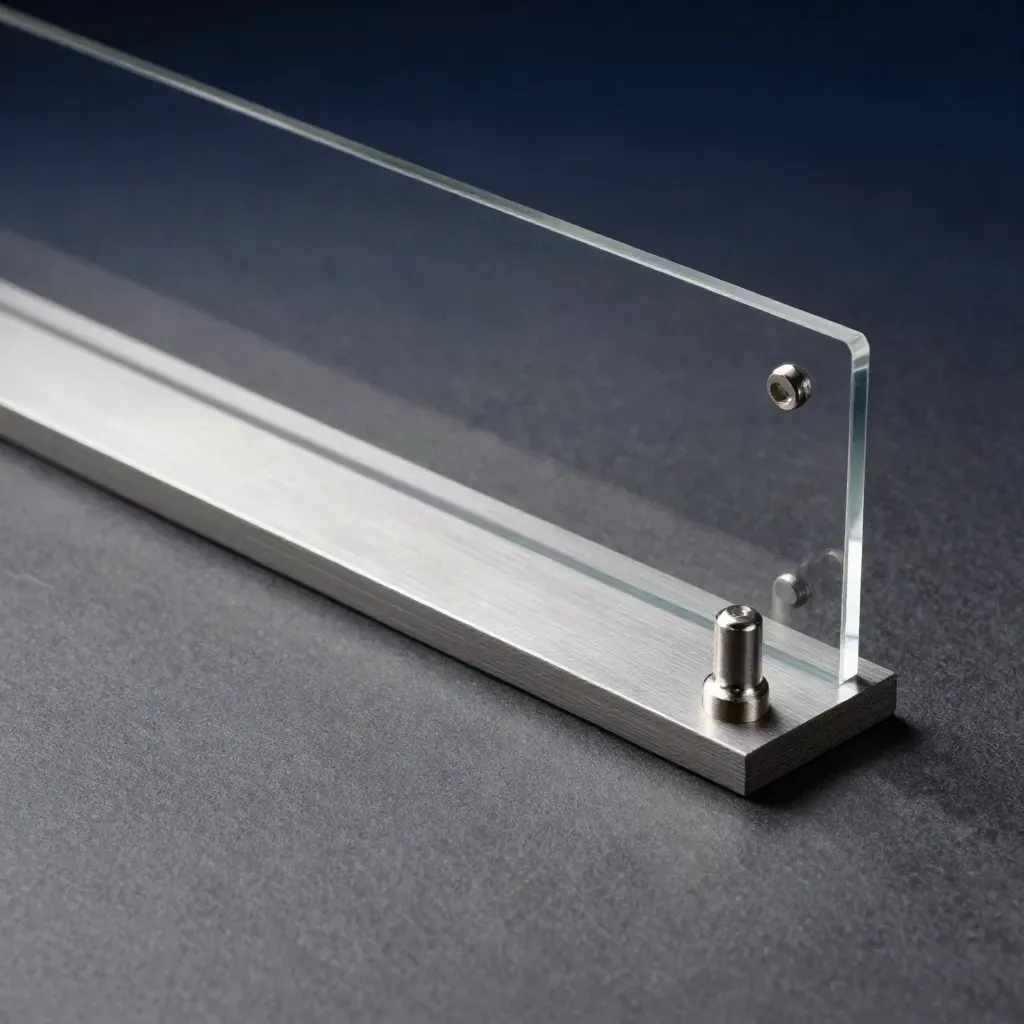 Smoked acrylic panel with standoffs and aluminum rail on graphite surface
