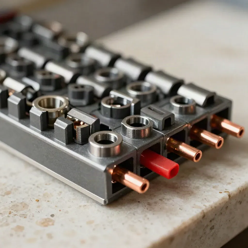 Extreme macro of terminal blocks and crimped wire ends on travertine, with a single red accent.