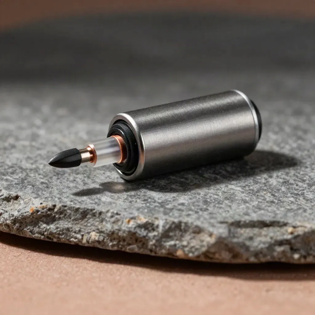 Macro still life of a timer module, probe tip, and fuse cartridge on stone.