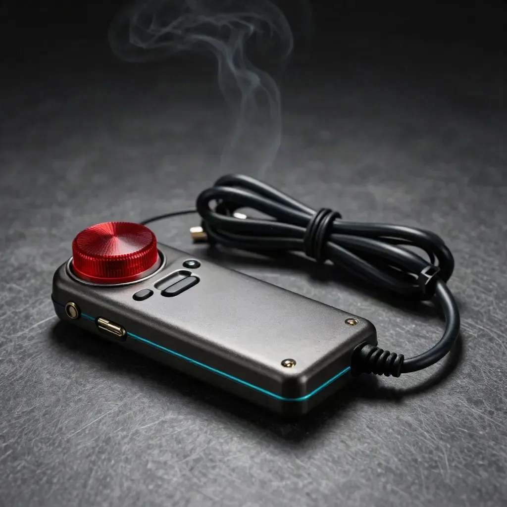 Industrial pager shell, red lens cap, and coiled cable on a graphite surface in dramatic light