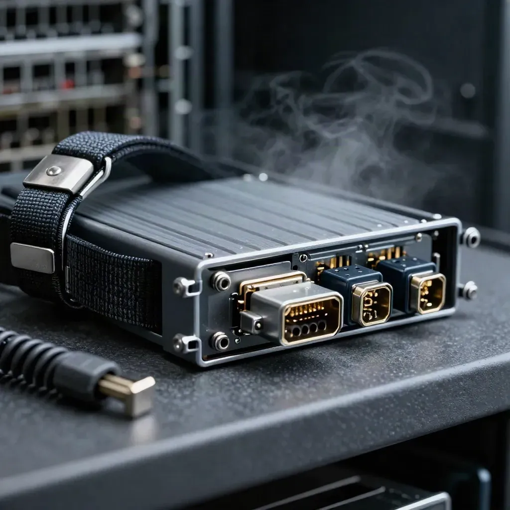 Macro still life of server maintenance tools: anti-static strap, hot-swap caddy, and connector modules.
