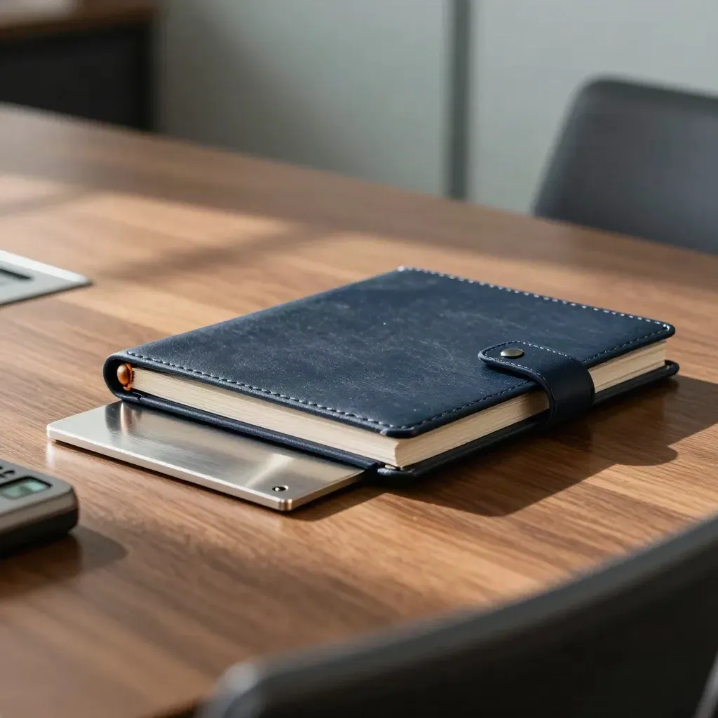 Closed slate folio with metal weights and meeting timer on a walnut conference table, seen through a chair back.