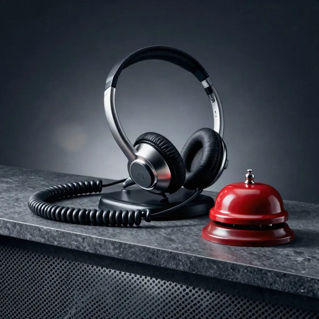 Corded headset stand, phone cradle and small bell in a moody mesh-framed support-team still life.