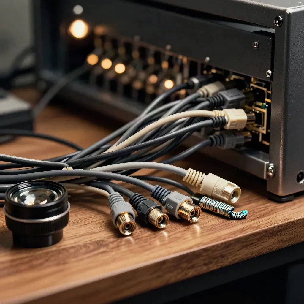 Patch cables bundled beside a signal lens and cable-tie tin on a dim network shelf.