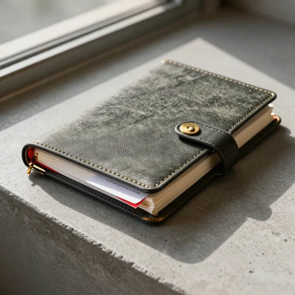 Macro still life of an incident notebook pinned shut with brass clips and a folded maintenance card