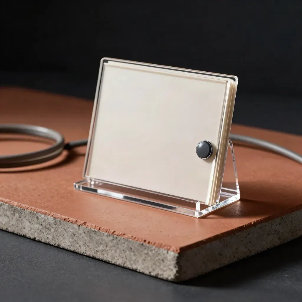 Acrylic placards, clear stand, sealed lens, and blurred cable spool on terracotta clay.