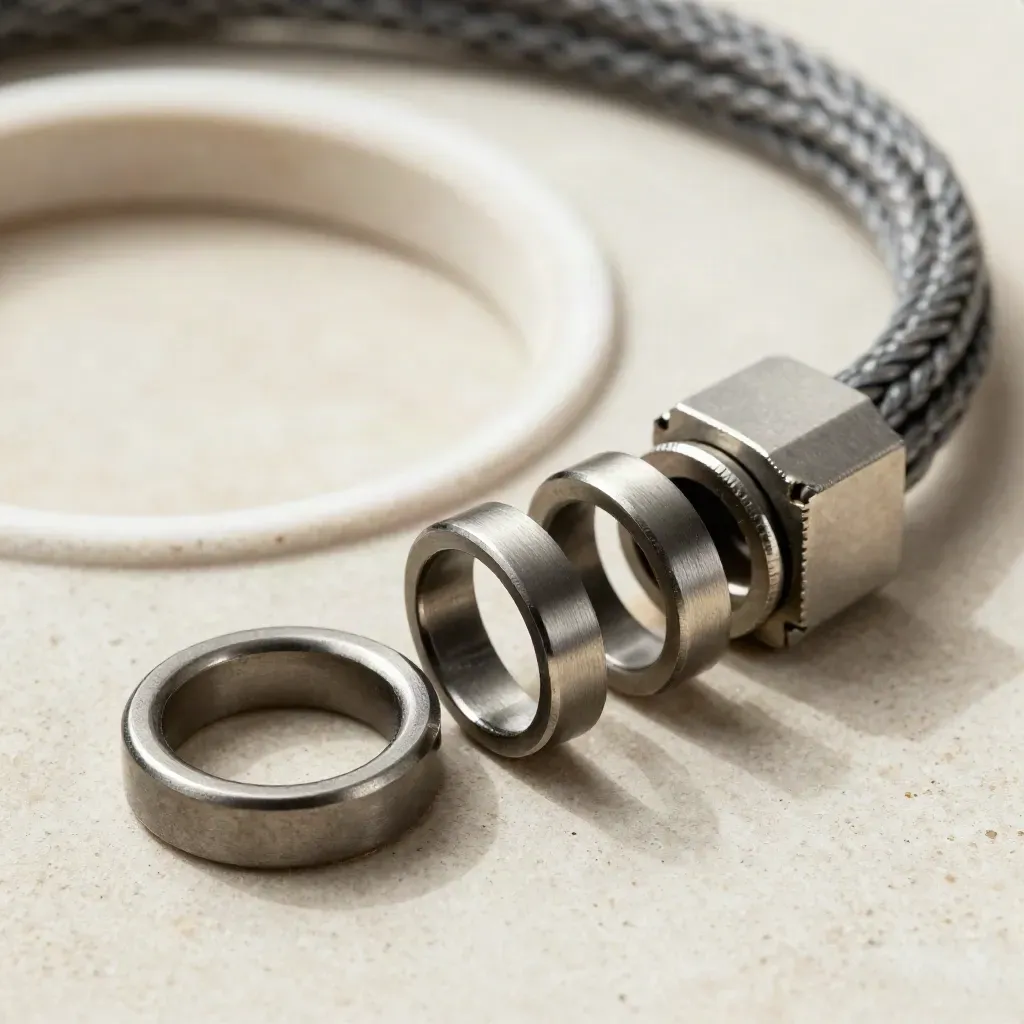 Linked machined rings, braided cable loop, and junction block on a matte ivory surface.