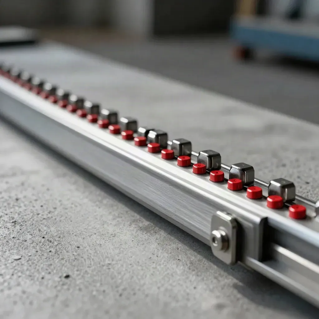 Macro side view of alignment rails with magnetic couplers and red fastener accents