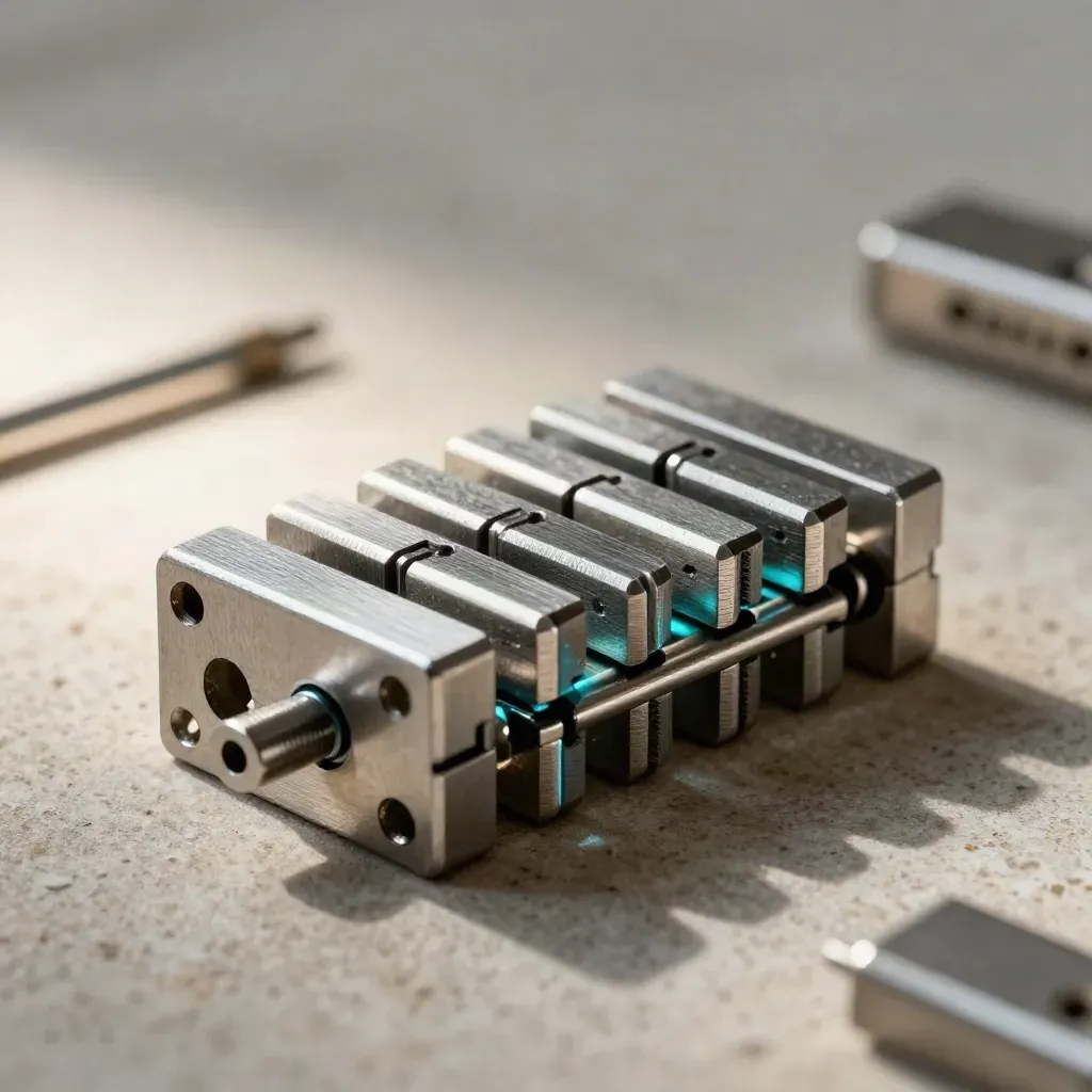 Macro metal connector blocks sliding together on limestone with cyan reflection