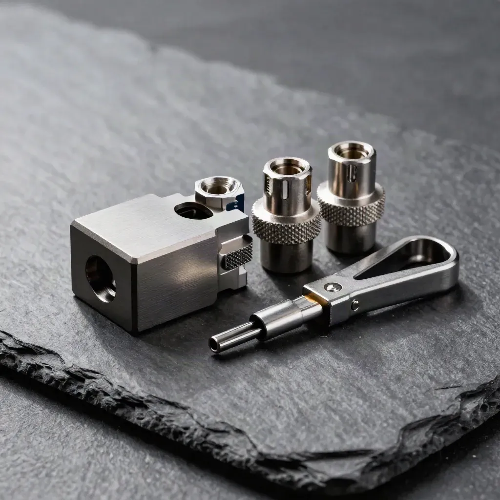 Top-down still life of splitter block, connector heads, and fan-out clip on graphite stone.