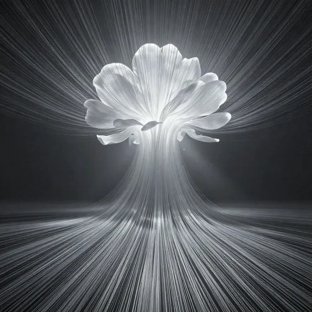 Silver filaments converge into a soft white bloom over a dark graphite void.